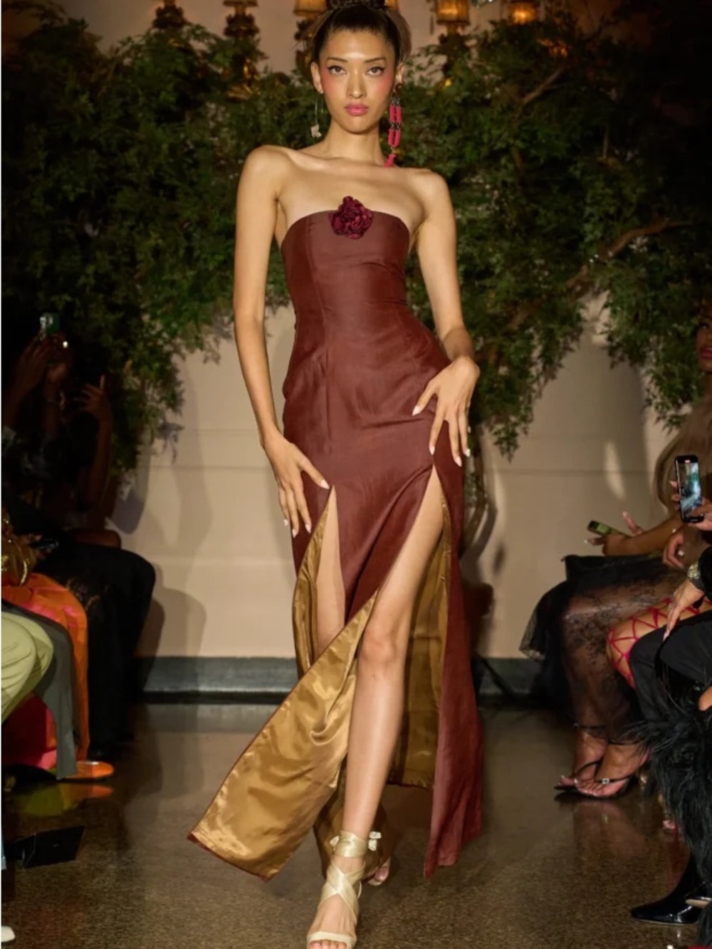 Strapless Brown Satin Evening Gown with High Slits